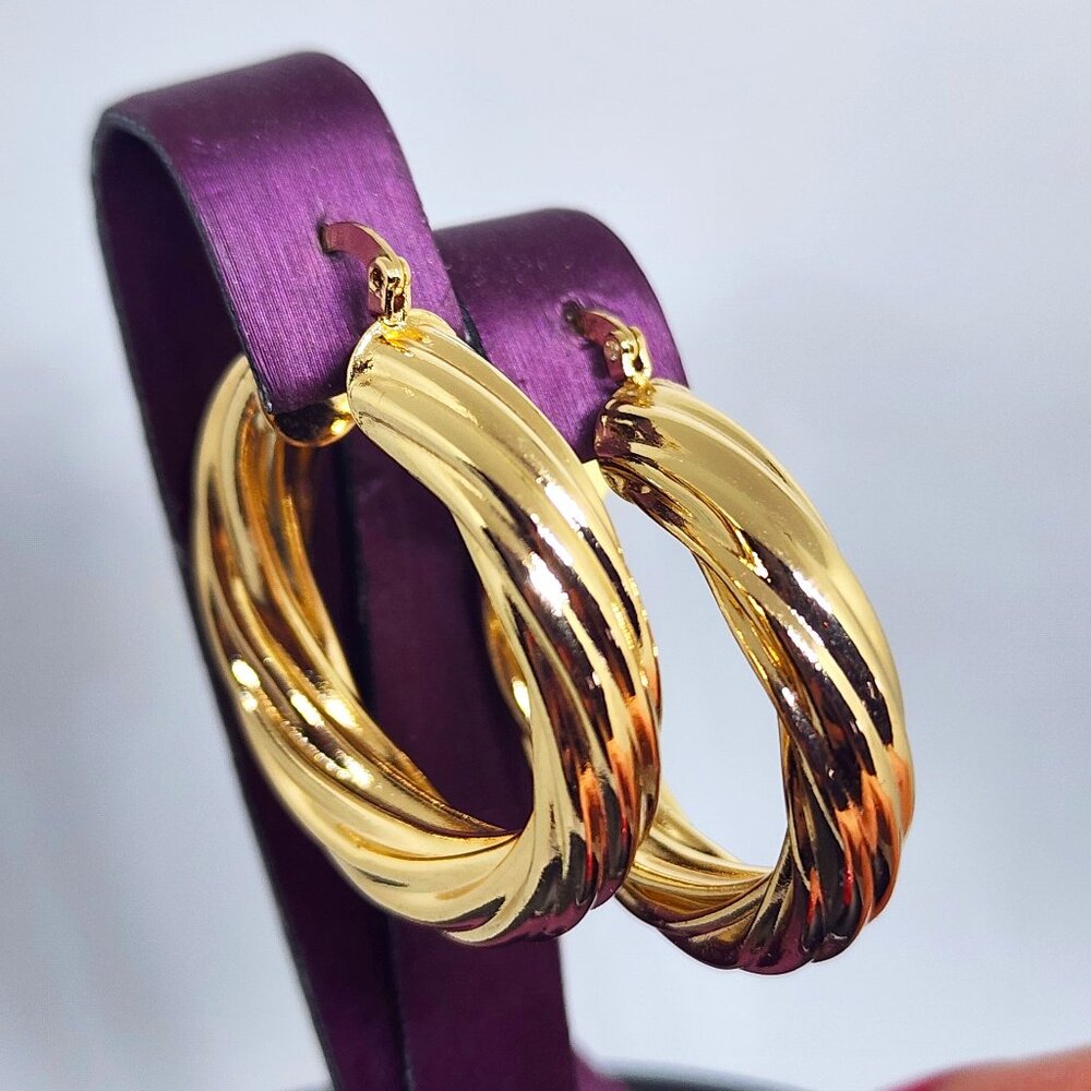 Elegant Gold Twist Hollow Leverback Elegant Medium Size Hoop Pierced Earrings